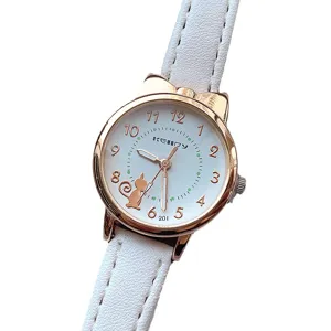 Cute cat quartz watch for women, white leather strap and rose gold cat ears case.