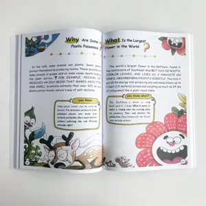 Detailpagina van een kinderwetenschapsboek met plantenfeiten en bloemenillustraties.