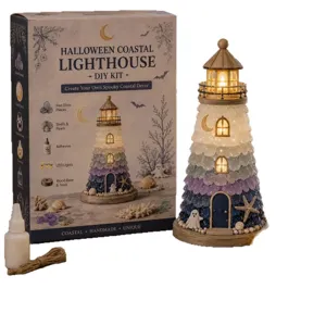 Halloween coastal lighthouse DIY kit with sea glass, shells, and LED lights for home decor.