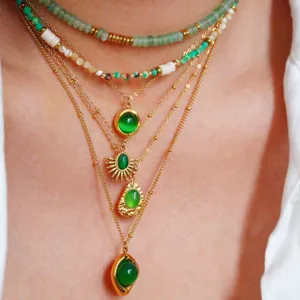 Stainless Steel Natural Stone Pendant Necklace Resort Style Geometric Gold Oval White Shell Green Jade Layered Necklace Jewelry For Unisex Gift