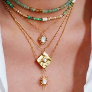 Detailed close-up of layered gold tone necklaces featuring green jade beads and mother of pearl pendants.