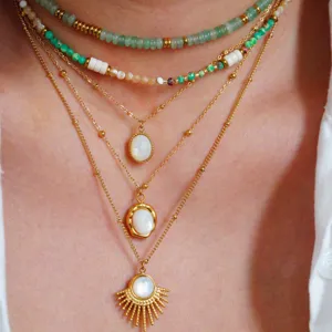 Detailed close-up view showcasing layered green bead and gold pendant necklaces worn elegantly.