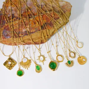 Layered gold stainless steel necklaces featuring green jade and white shell pendants for daily.