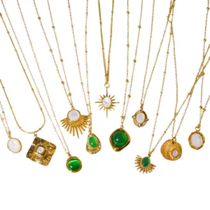 Gold stainless steel necklace set with white shell and green jade pendant for women bohemian chic style