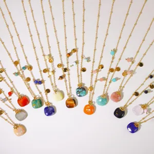 Natural Stone Twelve Birthstone Pendant Necklace 304 Stainless Steel Real Gold Plated Geometric Chain Necklace Jewelry For Women Unisex Gift