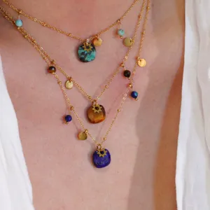 Layered gold-tone gemstone pendant necklace with natural stones and delicate charms for women.