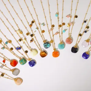 Natural stone pendant necklace gold chain colorful gemstone jewelry dopamine style for women