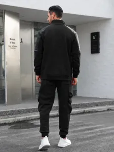 Men's fleece track suit casual stand collar long sleeve jacket and cargo pants set for men