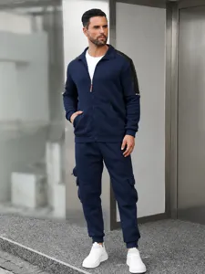 Men's casual long sleeve zip jacket and cargo pants sportswear set for autumn and winter.