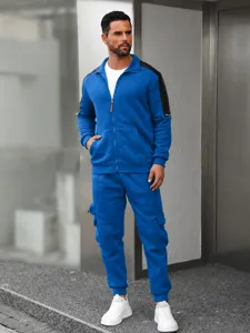 Blue men's casual tracksuit detail showing zipper collar, black shoulder panels and pocket design.