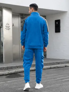 Back view detail of men's casual sportswear set featuring contrast shoulders and pockets.