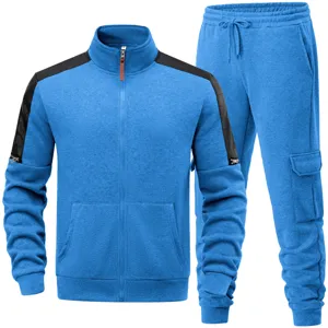 Men casual tracksuit set with colorblock stand collar zip jacket and matching cargo pants.