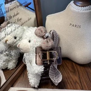 Süße flauschige Teddybär Haarklammer mit karierter Schleife und Spitzenband, Damen Accessoire.