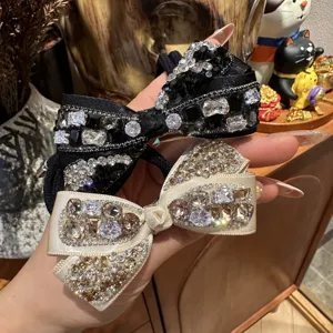 Hepburn Style Rhinestone Bowknot Hair Ring Elegant Black Champagne Bow Hair Tie Retro Hair Accessories For Women Wedding Party