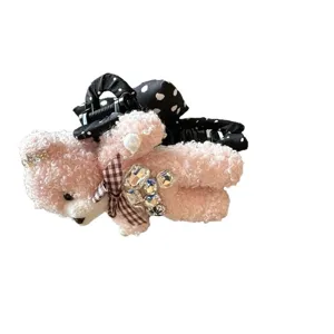 Koreanische süße rosa lockige Teddybär Haarklammer mit Schleife Strass Haarspange