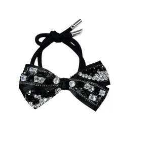 Korean style black rhinestone bow hair tie elastic hair rope elegant crystal hair accessory