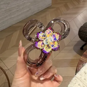 Molla per capelli con fiore di cristallo, artiglio acrilico grigio trasparente con strass colorati donna.
