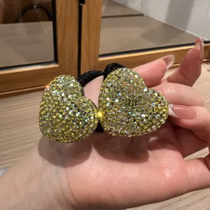 Rhinestone heart hair tie, sparkling crystal double heart black elastic ponytail holder for women.