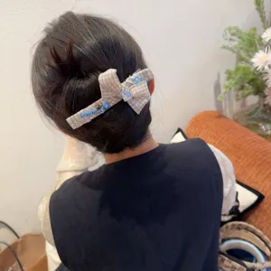 Korean plaid bow side hair clip large duckbill clip sweet cute hair accessory for women
