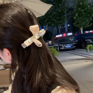 Korean plaid bow hair clip, sweet cute duckbill clip for women, large back hair styling accessory.