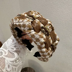 Korean style retro brown houndstooth wide headband with glossy leather braids for daily wear.
