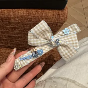 Korean plaid bow side hair clip sweet blue letter duckbill clip cute hair accessory for women