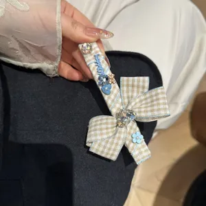 Korean plaid bow side hairpin large duckbill clip sweet cute fashion hair accessory