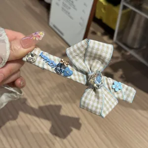 French Vintage Plaid Bow Hair Clip For Women Blue Brown Color Block Fabric Rhinestone Large Duckbill Duck Clip Sweet Hair Accessories