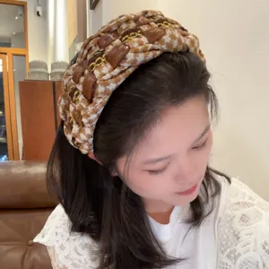 Woven tweed wide headband for women, retro houndstooth hair hoop with chains and leather.