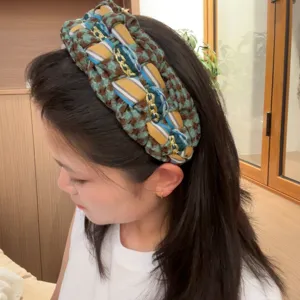 Korean vintage wide braided headband, houndstooth color-block hair hoop with chain, women autumn winter