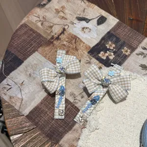 Korean style plaid bow side hair clip, large duckbill clip with rhinestones and cute design.