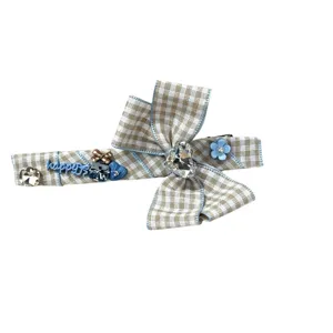 Korean plaid bow hair clip with cute blue letter decoration, sweet duckbill hair accessory.
