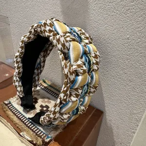 Korean thick braided wide headband with houndstooth and striped patterns for winter.