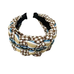 Chic wide braided headband with houndstooth pattern and color block stripes for daily wear.