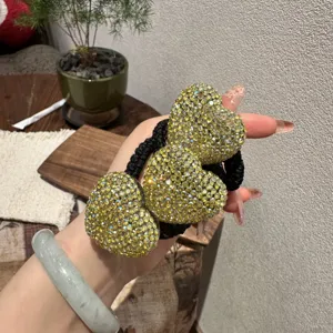 Sparkling rhinestone triple heart hair tie for women, elegant ponytail holder hair band.