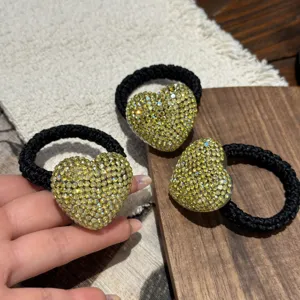 Crystal heart hair tie black hair rope Korean style sparkling rhinestone ponytail holder