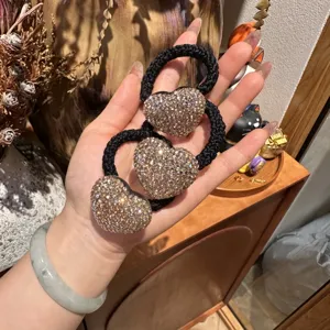 Rhinestone heart hair tie black rope ponytail holder stylish elegant hair accessories for women