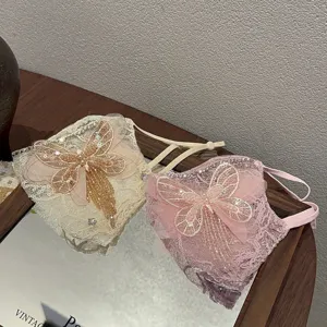 Squisita maschera in pizzo farfalla con strass, maschera antipolvere con nappe di cristallo lusso.
