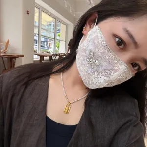 Rhinestone lace face mask detail view, breathable and stylish bridal or party mouth cover.