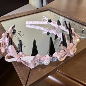 Pink bow pearl headband with black teeth, sweet and cool style hair hoop for women and girls daily wear.