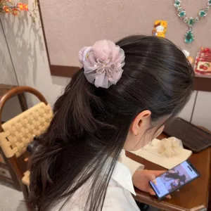 Netz Strass Blume Haarkralle elegante rosa Haarklammer für Damen Fruehling Sommer Haarschmuck