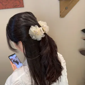 Nahaufnahme der Strass-Netzblumen-Haarklammer, elegantes Perlen-Haaraccessoire für Damen.