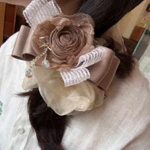 Scrunchie grande in filato sfumato coreano fiore dolce fiocco rosa 3D per capelli