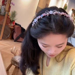 Pink bow pearl headband for women, sweet cute hair hoop with rhinestones and letters for daily wear.