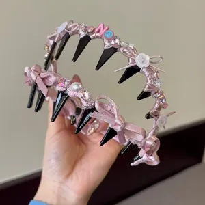 Sweet Pink Fabric Bowknot Headband With Toothed Plastic Comb Artificial Pearl Rhinestone Non Slip Hairband For Women Daily Use Party