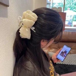 Beige Netz Schleife Haarklammer, elegante Band Haarspange für Damen im täglichen Gebrauch.