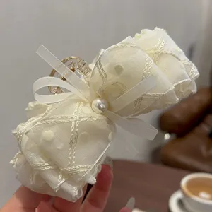Eleganter Netz-Tüll Schleife Haarkralle Clip Mit Künstlichen Perlen Französisch Vintage Bestickte Punkte Große Haifischkralle Für Damen Haarschmuck