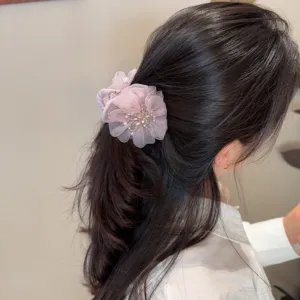 Netz Strass Blume Haarklammer Elegante Hinterkopf Haifischclip Süße Frühlings Haarschmuck