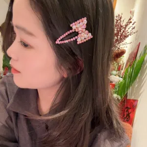 Pinza de pelo con lazo de diamantes de imitación rosa brillante elegante para mujeres y niñas