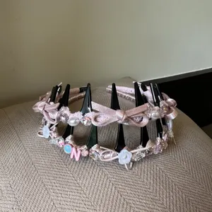 Pink bow pearl headband for women, sweet style non-slip teeth hair hoop daily wear